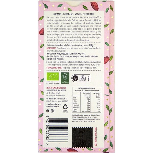 Bennetto Organic Dark Chocolate 80g - Raspberries Online