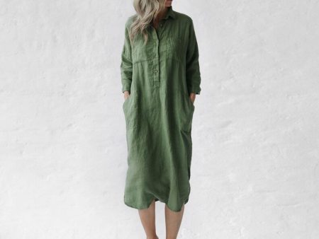 Seaside Tones Linen Shirt Dress - Olive For Discount