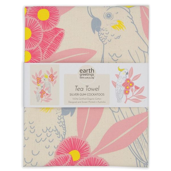 Earth Greetings Organic Cotton Tea Towel - Silver Gum Cockatoos Sale