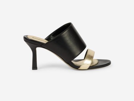 Mules à talon en cuir noir et or Online