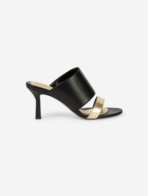 Mules à talon en cuir noir et or Online